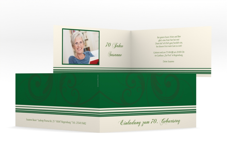 Einladung 70. Geburtstag Katharina lange Klappkarte quer gruen hochglanz