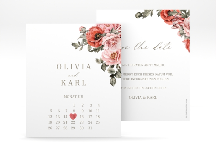 Save the Date-Kalenderblatt Grazioso Kalenderblatt-Karte weiss hochglanz modern mit Mohnblumen und Rosen