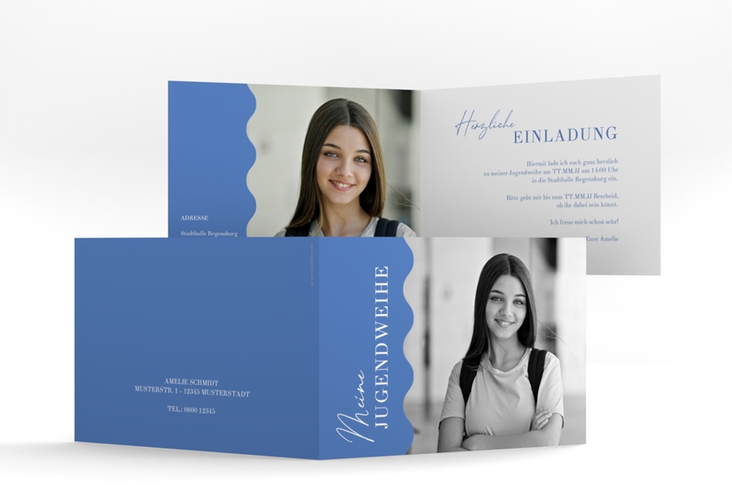 Einladung Jugendweihe Welle A6 Klappkarte quer blau