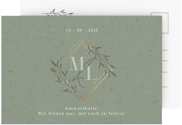 Antwortkarte Hochzeit Greenletter A6 Postkarte gruen mit Initialen in elegantem Goldrahmen mit Blättern