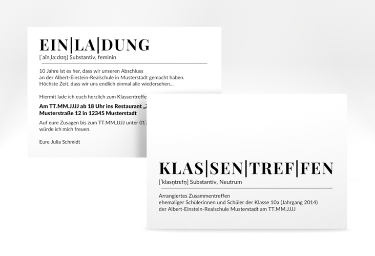 Party Einladungskarte Klassentreffen A6 Karte quer weiss in Wörterbuch-Aufmachung mit Wortdefinitionen