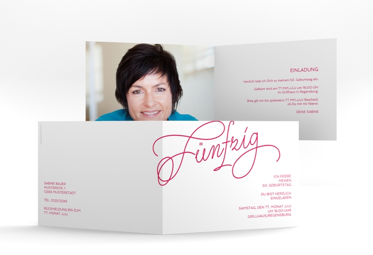 Einladung 50. Geburtstag Schwungvoll A6 Klappkarte quer pink