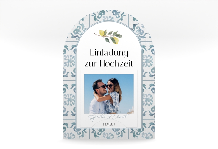 Einladung Rundbogen Azulejo mittlere Bogen-Karte + Foto mit mediterranem Azulejo-Muster und Zitronen