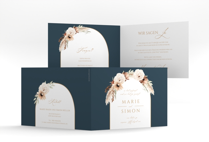 Hochzeitseinladung Blumenbogen A6 Klappkarte quer blau hochglanz