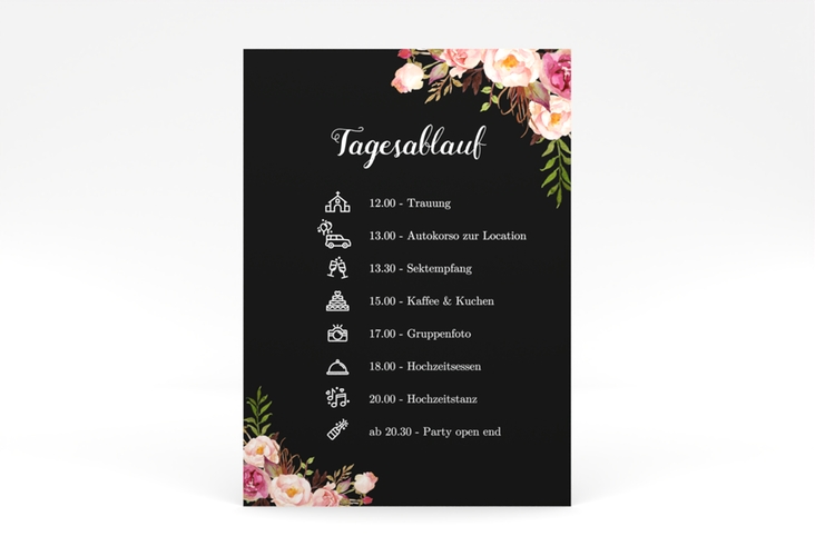 Tagesablauf Poster Hochzeit Flowers 50 x 70 cm Poster schwarz mit bunten Aquarell-Blumen