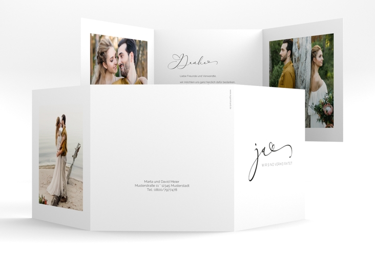 Danksagungskarte Hochzeit Jawort quadr. Doppel-Klappkarte weiss hochglanz modern minimalistisch mit veredelter Aufschrift