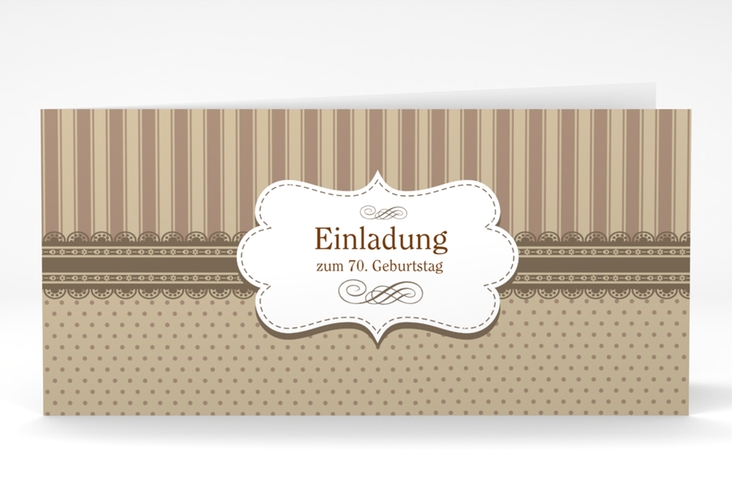 Einladung 70. Geburtstag Heinrich/Henriette lange Klappkarte quer braun mit frechen Polka Dots