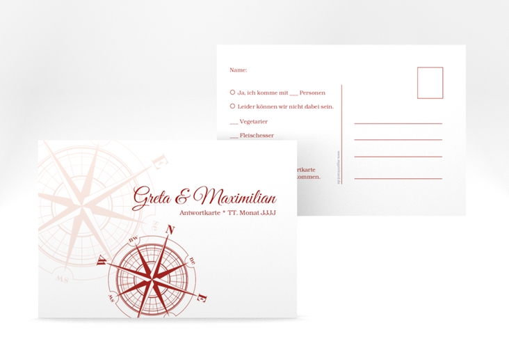 Antwortkarte Hochzeit Windrose A6 Postkarte rot hochglanz