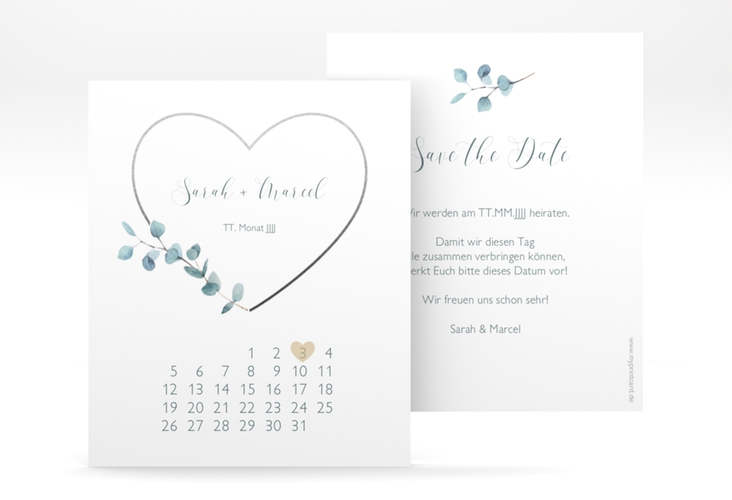 Save the Date-Kalenderblatt Greenheart Kalenderblatt-Karte grau mit elegantem Herz und Eukalyptus-Zweig