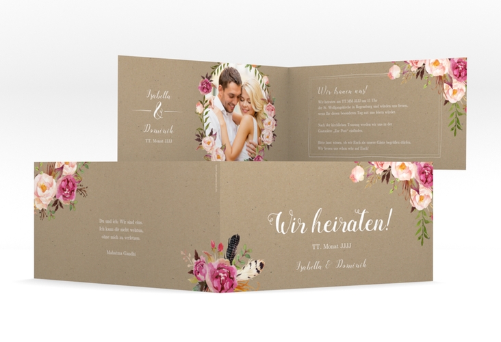 Hochzeitseinladung Flowers lange Klappkarte quer Kraftpapier hochglanz mit bunten Aquarell-Blumen