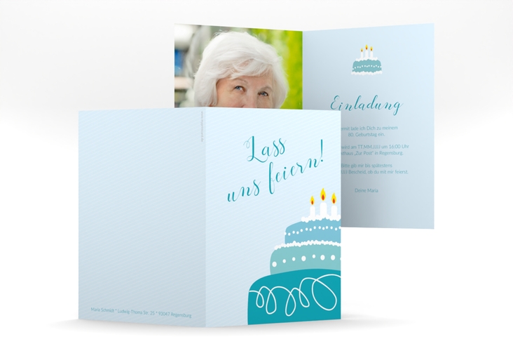 Einladung 80. Geburtstag Cake A6 Klappkarte hoch tuerkis