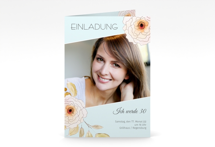 Einladung 30. Geburtstag Fleur A6 Klappkarte hoch tuerkis