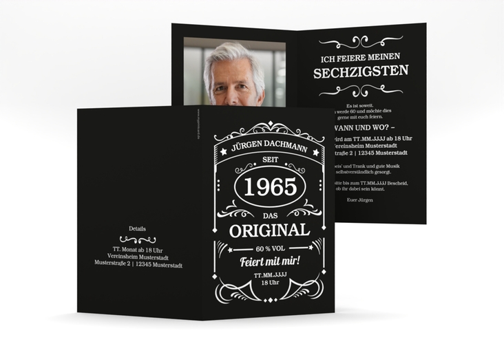 Einladung 60. Geburtstag Guter Jahrgang A6 Klappkarte hoch wie Whisky-Flaschenetikett