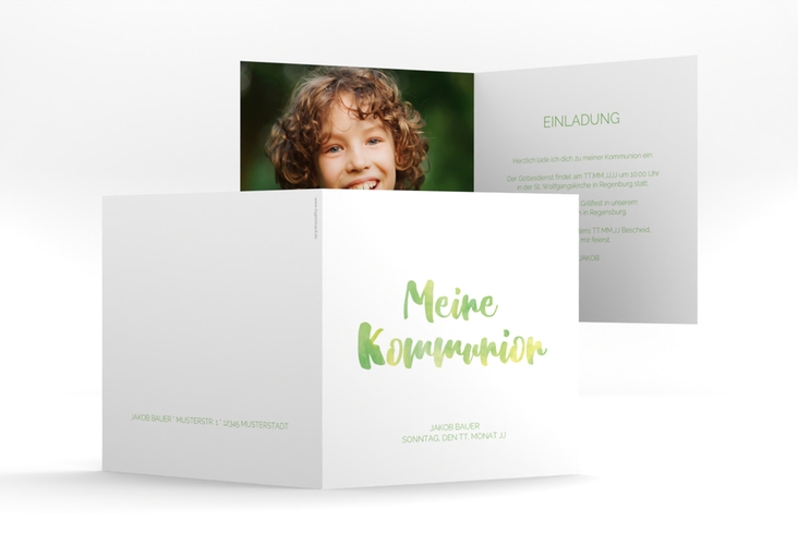 Kommunionseinladung Flora quadr. Klappkarte gruen