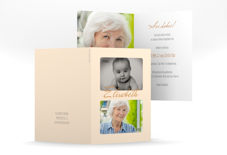 Einladung 80. Geburtstag Zeitlos A6 Klappkarte hoch beige mit Damals- und Heute-Fotos