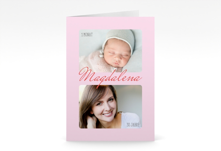 Einladung 30. Geburtstag Zeitlos A6 Klappkarte hoch rosa mit Damals- und Heute-Fotos