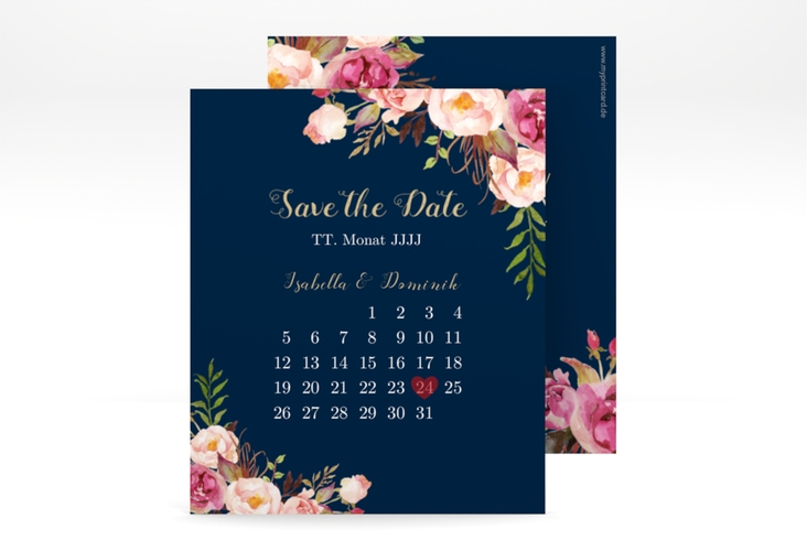 Save the Date-Kalenderblatt Flowers Kalenderblatt-Karte blau hochglanz mit bunten Aquarell-Blumen