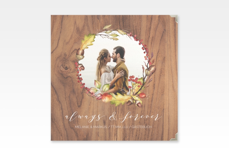 Gästebuch Selection Hochzeit Herbstlich Leinen-Hardcover braun mit Eichenkranz und Foto