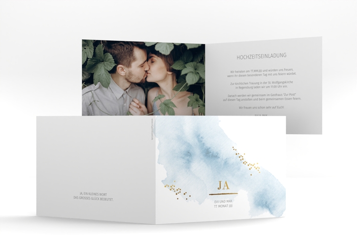 Hochzeitseinladung Pastell A6 Klappkarte quer blau hochglanz