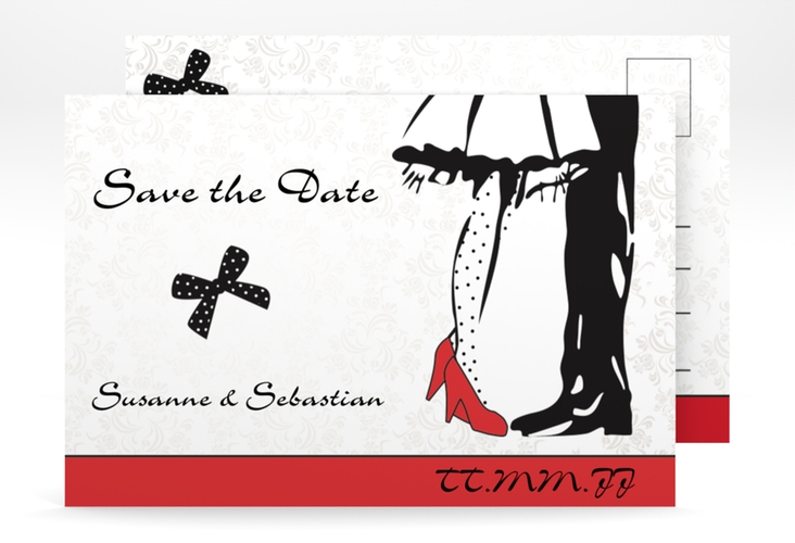 Save the Date-Postkarte Straßburg A6 Postkarte hochglanz mit Rockabilly-Brautpaar