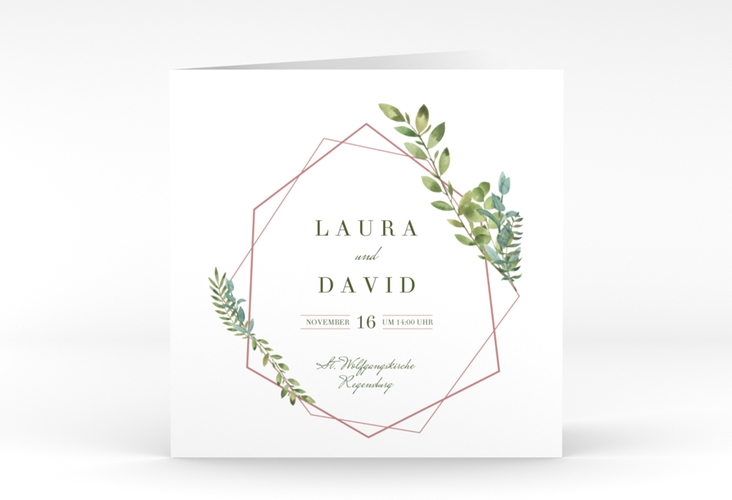 Hochzeitseinladung Herbarium quadr. Klappkarte rosa mit geometrischem Rahmen und Blätter-Dekor