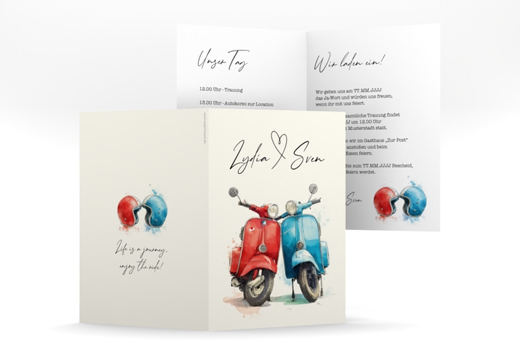 Einladungskarte Hochzeit Retro Roller A6 Klappkarte hoch mit zwei aneinander gelehnten Motorrollern
