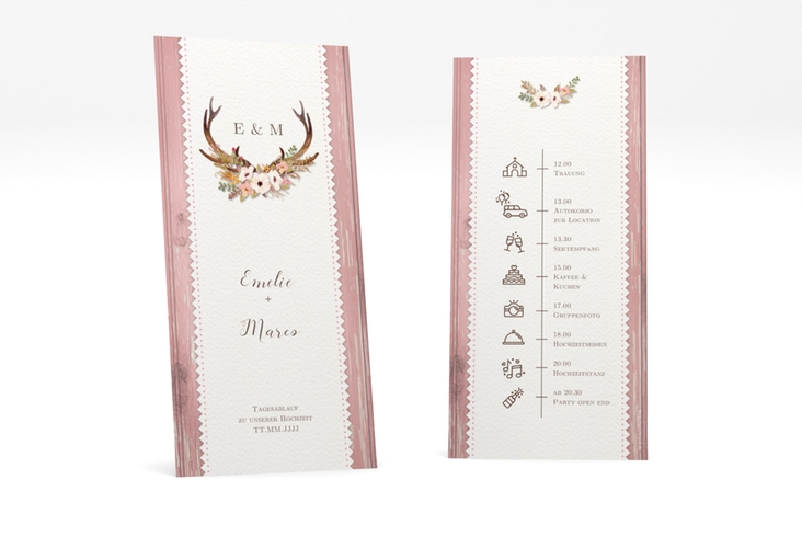 Tagesablauf Hochzeit Heimatjuwel lange Karte hoch rosa mit Hirschgeweih und Holz-Hintergrund