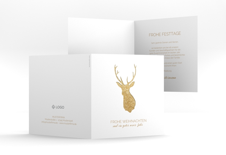 Business-Weihnachtskarte Deer quadr. Klappkarte gold hochglanz und weiß mit Hirsch-Motiv