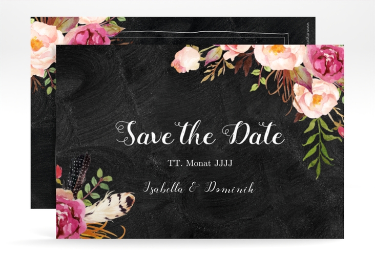 Save the Date-Karte Flowers A6 Karte quer schwarz hochglanz mit bunten Aquarell-Blumen