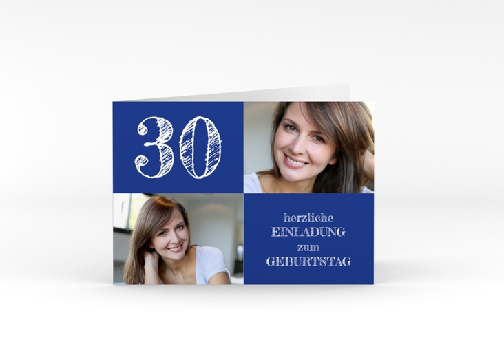 Einladung 30. Geburtstag Lebensfreude A6 Klappkarte quer blau hochglanz