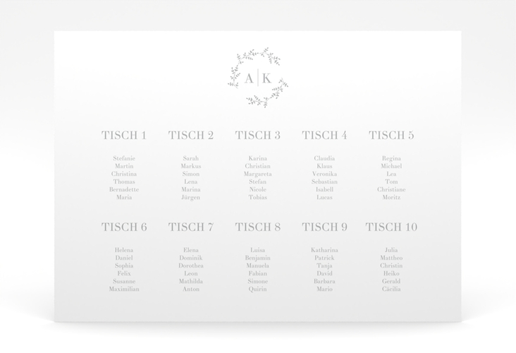 Sitzplan Poster Filigrana 70 x 50 cm Poster grau in reduziertem Design mit Initialen und zartem Blätterkranz