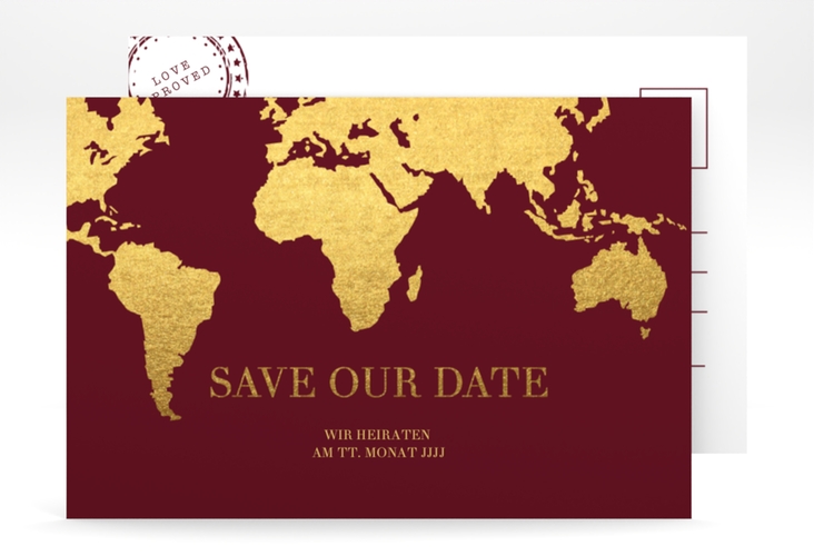 Save the Date-Postkarte Traumziel A6 Postkarte rot hochglanz im Reisepass-Design