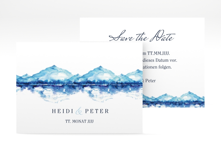 Save the Date-Visitenkarte Bergliebe Visitenkarte quer blau hochglanz mit Gebirgspanorama für Berghochzeit