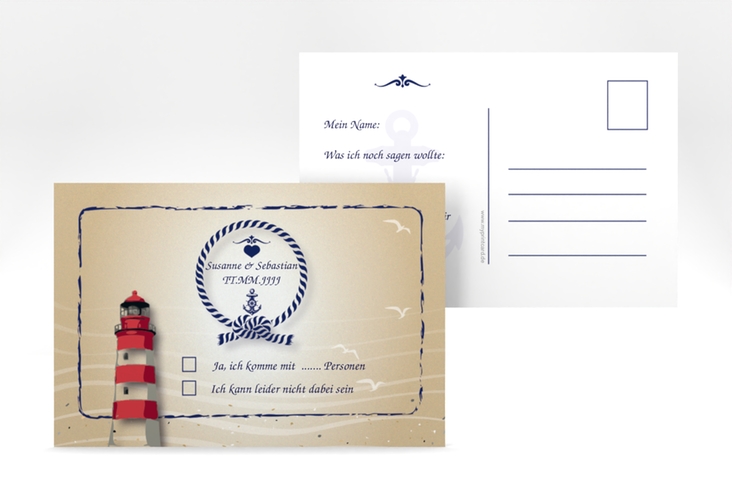 Antwortkarte Hochzeit Sylt A6 Postkarte braun mit Leuchtturm