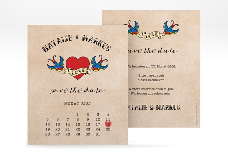 Save the Date-Kalenderblatt Tattoo Kalenderblatt-Karte beige mit Herz und zwei Schwalben