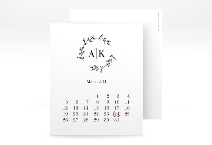 Save the Date-Kalenderblatt Filigrana Kalenderblatt-Karte schwarz hochglanz in reduziertem Design mit Initialen und zartem Blätterkranz