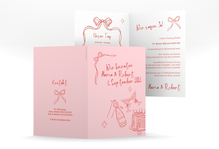 Einladungskarte Hochzeit Doodle A6 Klappkarte hoch rosa