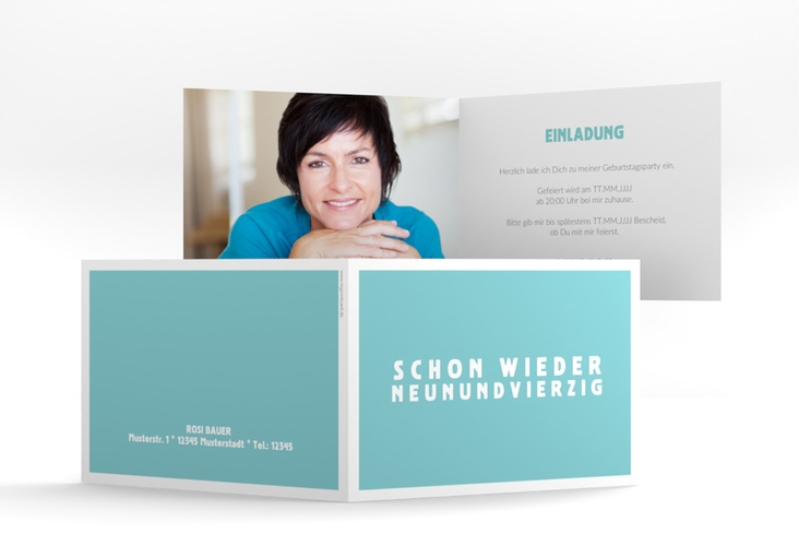 Einladung 50. Geburtstag Gag A6 Klappkarte quer tuerkis