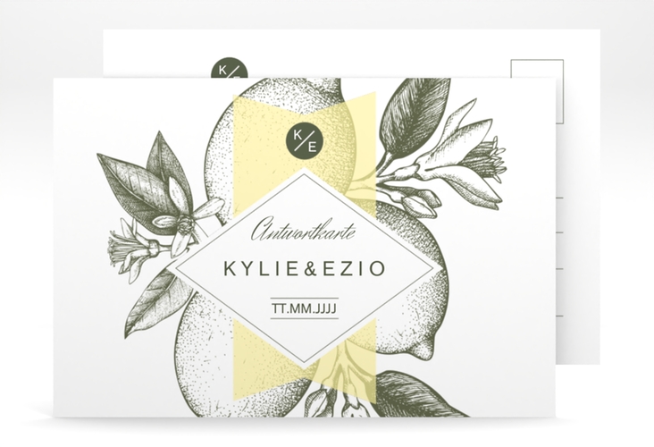 Antwortkarte Hochzeit Lemon A6 Postkarte mit mediterranem Zitronen-Kupferstich