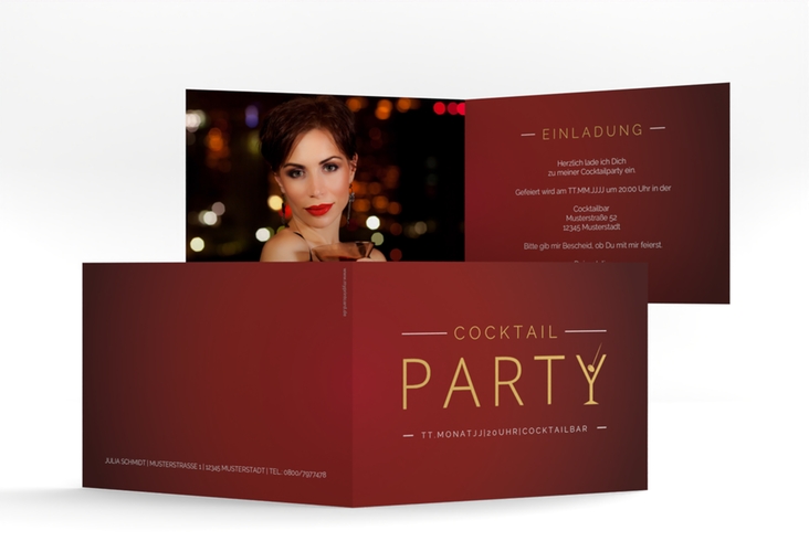Partyeinladung Cocktail A6 Klappkarte quer rot hochglanz