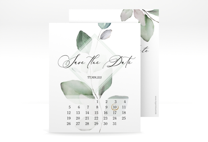 Save the Date-Kalenderblatt Foglia Kalenderblatt-Karte weiss hochglanz edel mit Eukalyptus im Aquarell-Design