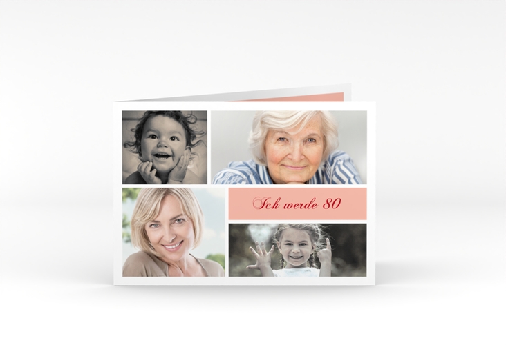 Einladung 80. Geburtstag Bilderserie A6 Klappkarte quer rosa mit mehreren Fotos