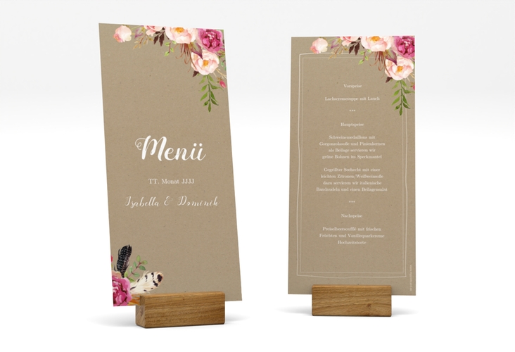 Menükarte Hochzeit Flowers lange Karte hoch Kraftpapier hochglanz mit bunten Aquarell-Blumen