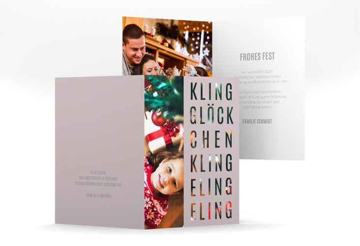 Weihnachtskarte Klingeling A6 Klappkarte hoch grau hochglanz