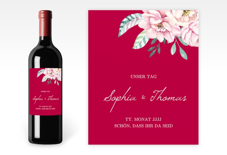 Weinetikett zur Hochzeit Blooming Etikett Weinflasche 4er Set rot