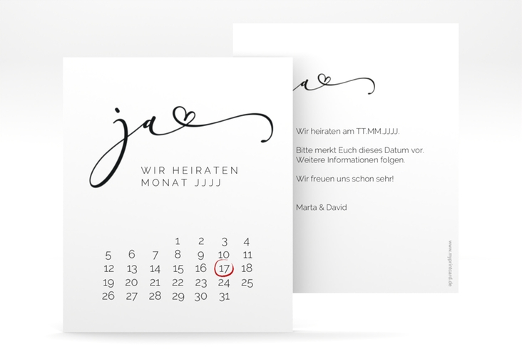 Save the Date-Kalenderblatt Jawort Kalenderblatt-Karte weiss modern minimalistisch mit veredelter Aufschrift