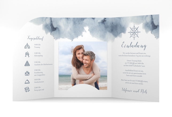 Hochzeitseinladung Steuerrad mittlere Bogen-Wickelfalzkarte blau in maritimen Blautönen