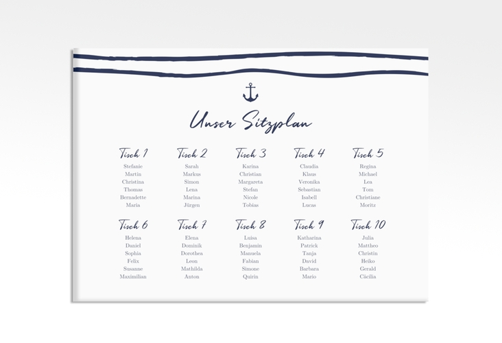 Sitzplan Leinwand Hochzeit Liebesanker 70 x 50 cm Leinwand blau mit maritimem Streifenmuster und kleinem Anker