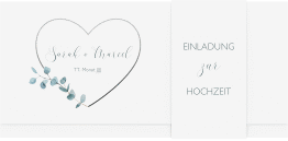 Klick: Details zu Hochzeitseinladung "Greenheart" anzeigen Hochzeitseinladung Greenheart Wickelfalzkarte + Banderole grau mit elegantem Herz und Eukalyptus-Zweig