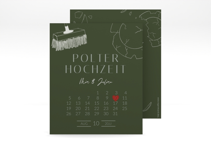 Save the Date-Kalenderblatt Polterhochzeit Kalenderblatt-Karte mit Besen und kaputtem Porzellanteller